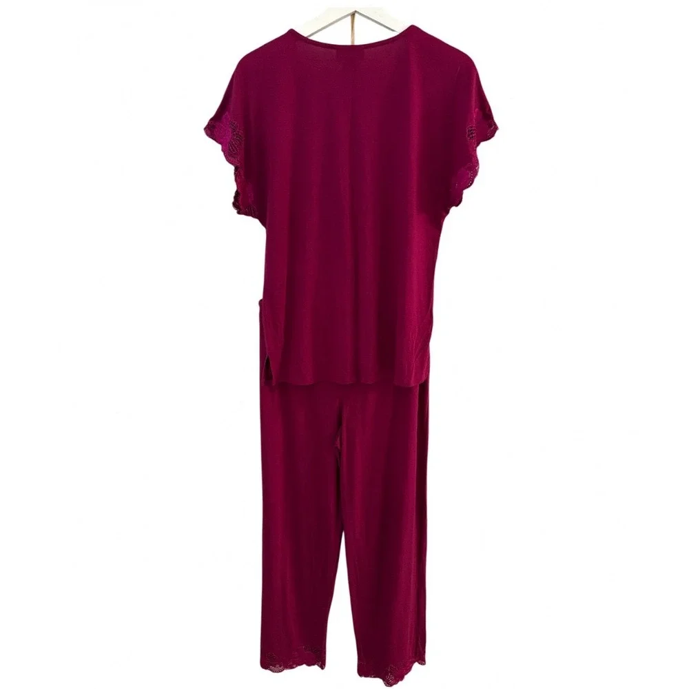 Natori Zen Medium Floral Short Sleeve Pajama Set Heather Night Berry Lace